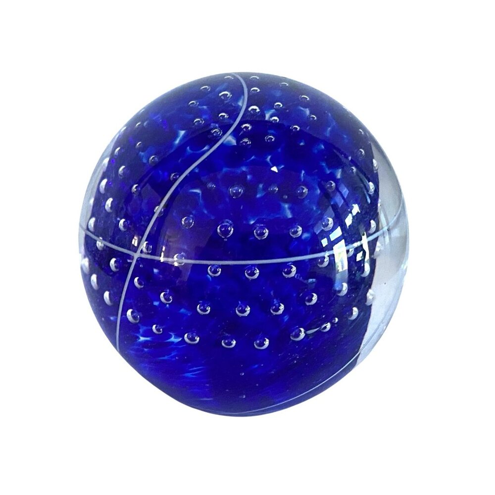 Blue Art Glass Paperweight Orb Bubble Controlled Mid Century Modern Decor WYY
